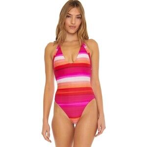 Trina Turk Plunge Halter Striped One Piece Swimsuit Size 10 MSRP $162 FREE SHIP